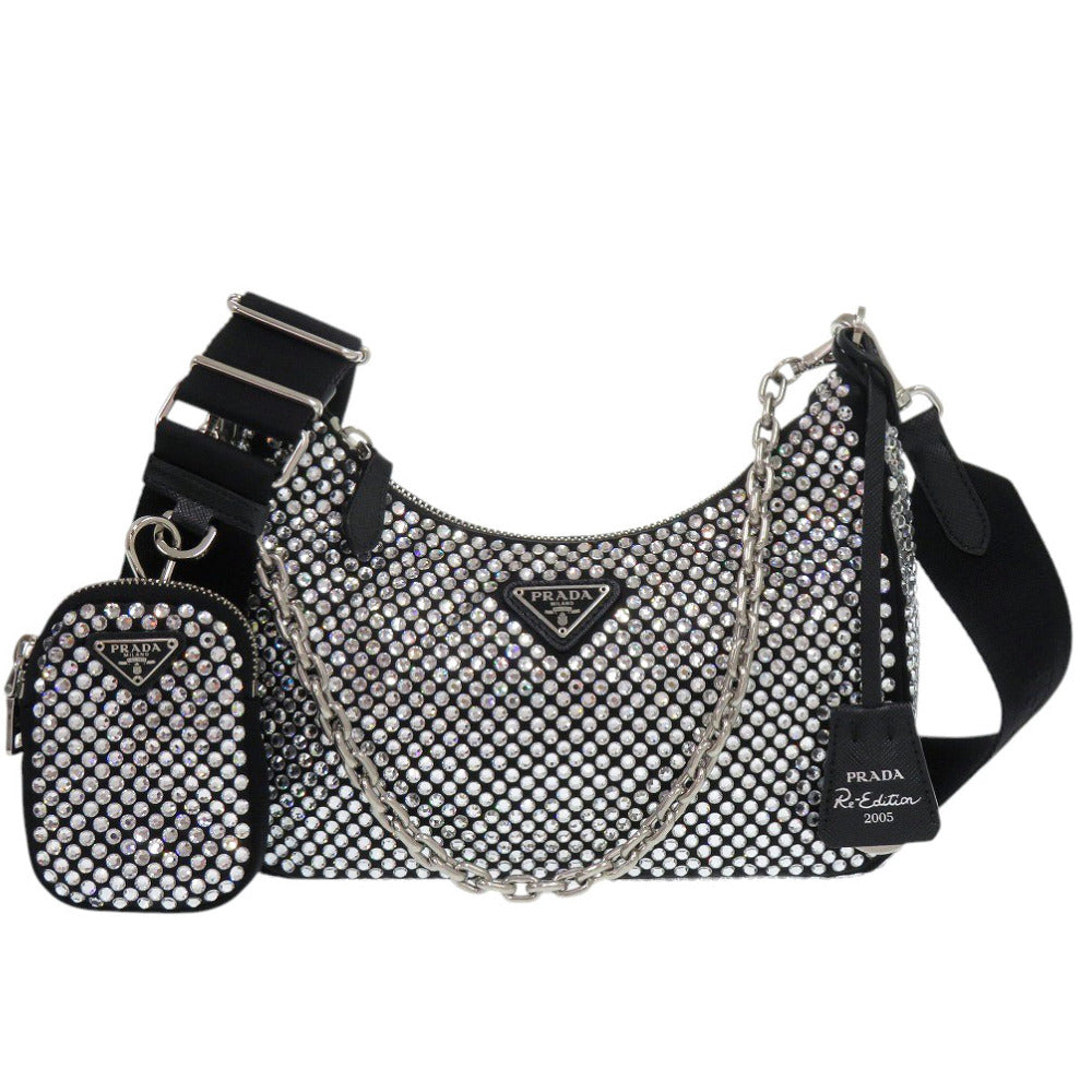 新品同様 プラダ Re-Edition 2005 クリスタル サテン シルバー ブラック ショルダーバッグ 0451【中古】PRADA