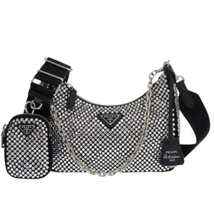 新品同様 プラダ Re-Edition 2005 クリスタル サテン シルバー ブラック ショルダーバッグ 0451【中古】PRADA