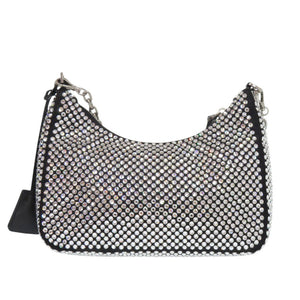 新品同様 プラダ Re-Edition 2005 クリスタル サテン シルバー ブラック ショルダーバッグ 0451【中古】PRADA