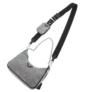 新品同様 プラダ Re-Edition 2005 クリスタル サテン シルバー ブラック ショルダーバッグ 0451【中古】PRADA