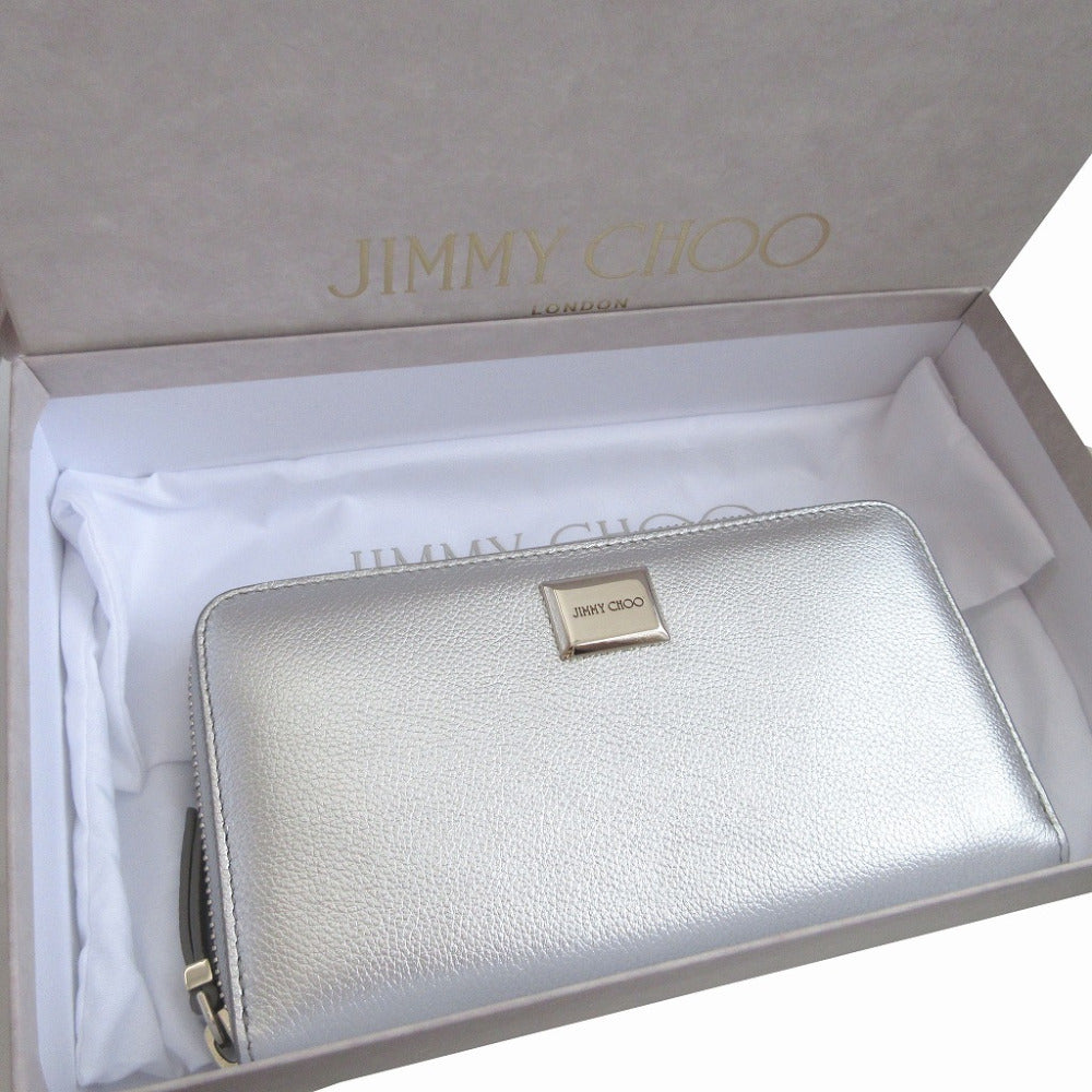 未使用 ジミーチュウ MALOU レザー シルバー ラウンドファスナー長財布 財布 1136【中古】JIMMY CHOO