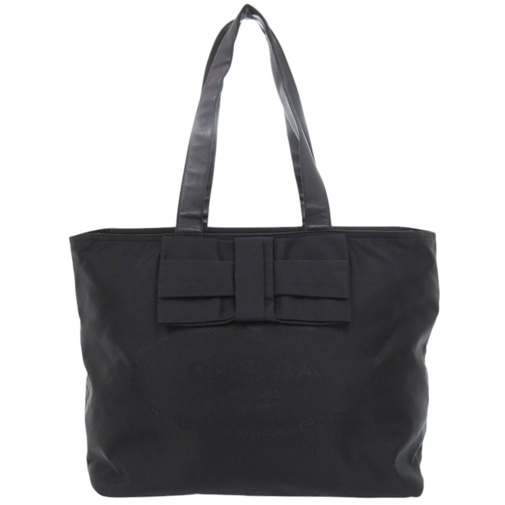 美品 プラダ ロゴ リボン 1BG052 ブラック トートバッグ 黒 1166【中古】PRADA