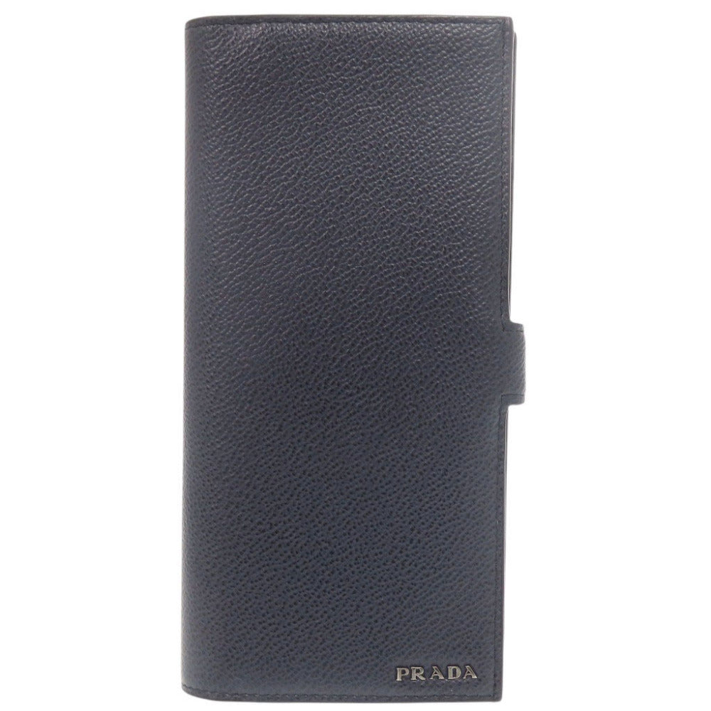 美品 プラダ ロゴ レザー ネイビー 長財布 二つ折り長財布 札入れ 1197【中古】PRADA