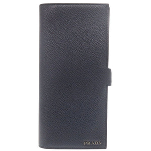 美品 プラダ ロゴ レザー ネイビー 長財布 二つ折り長財布 札入れ 1197【中古】PRADA