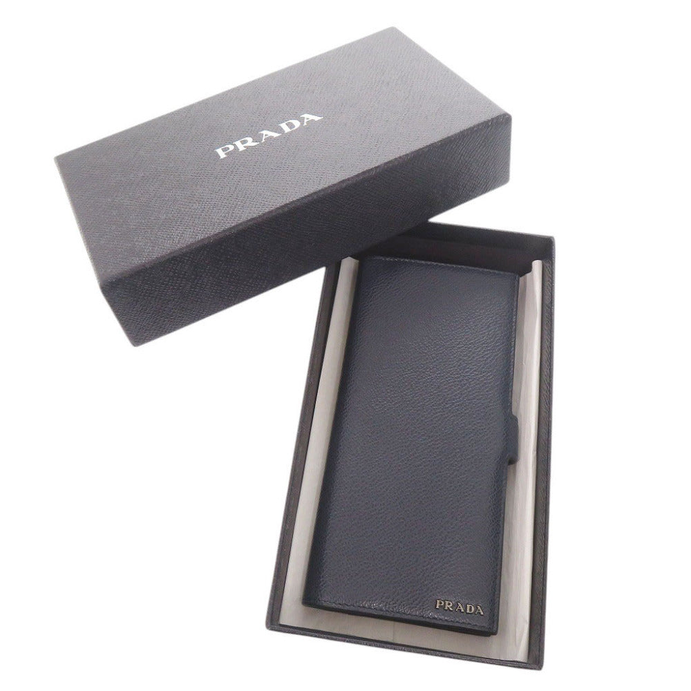 美品 プラダ ロゴ レザー ネイビー 長財布 二つ折り長財布 札入れ 1197【中古】PRADA