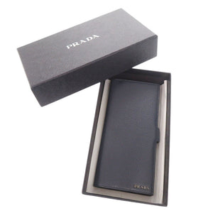 美品 プラダ ロゴ レザー ネイビー 長財布 二つ折り長財布 札入れ 1197【中古】PRADA