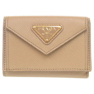 美品 プラダ トライアングルロゴ サフィアーノレザー 1MH021 ベージュ 三つ折り財布 1253【中古】PRADA
