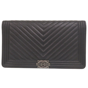 美品 シャネル ボーイシャネル ココマーク ラムスキン 26番台 ブラック 長財布 黒 1296【中古】CHANEL