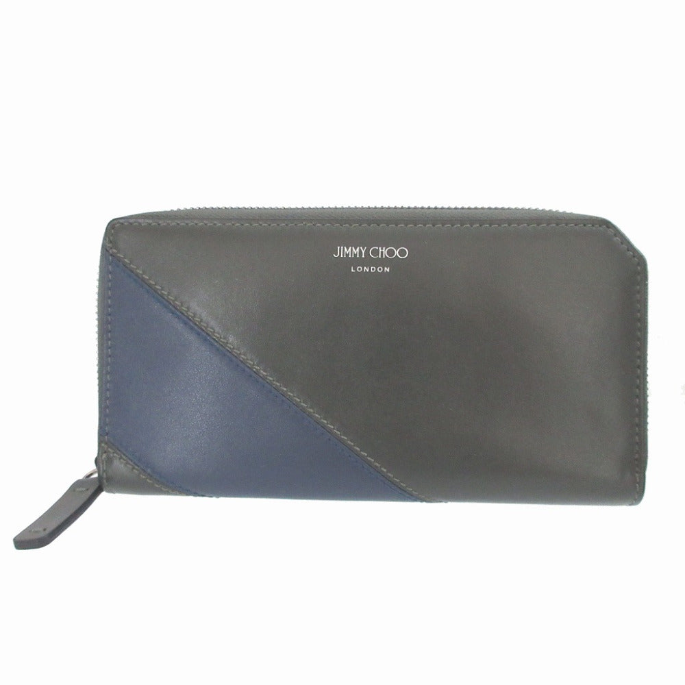 美品 ジミーチュウ レザー グリーン 緑 ブルー 青 ラウンドファスナー長財布 財布 1422【中古】JIMMY CHOO