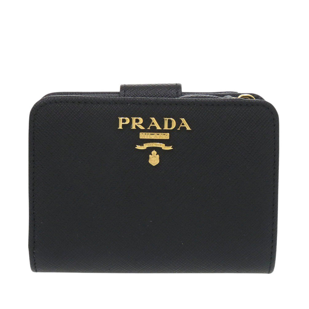 新品同様 プラダ 1ML018 サフィアーノレザー ブラック 二つ折り財布 黒 1437【中古】PRADA