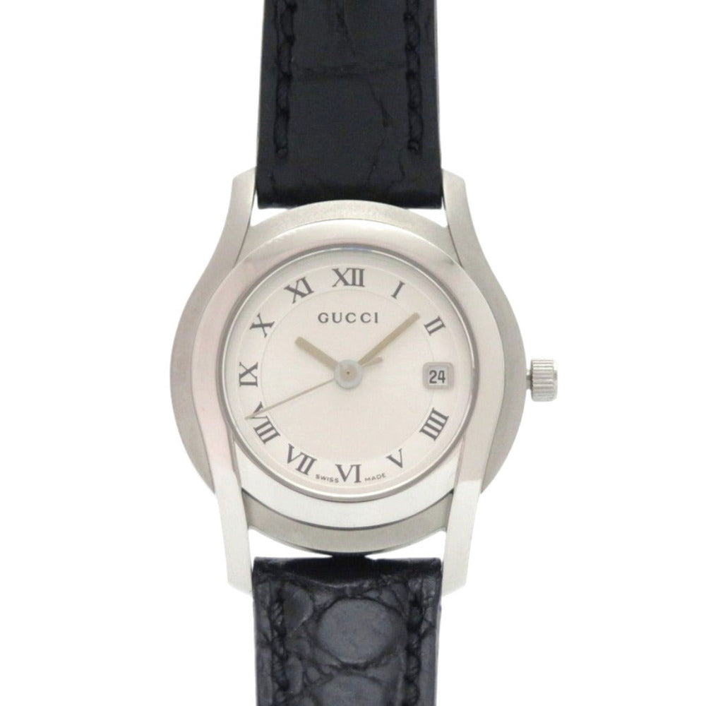 美品 グッチ 5500L SS 型押しレザー シルバー ブラック クオーツ 腕時計 1456【中古】GUCCI