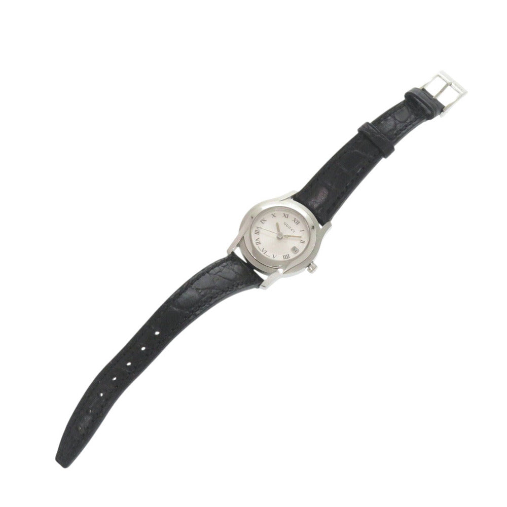 美品 グッチ 5500L SS 型押しレザー シルバー ブラック クオーツ 腕時計 1456【中古】GUCCI