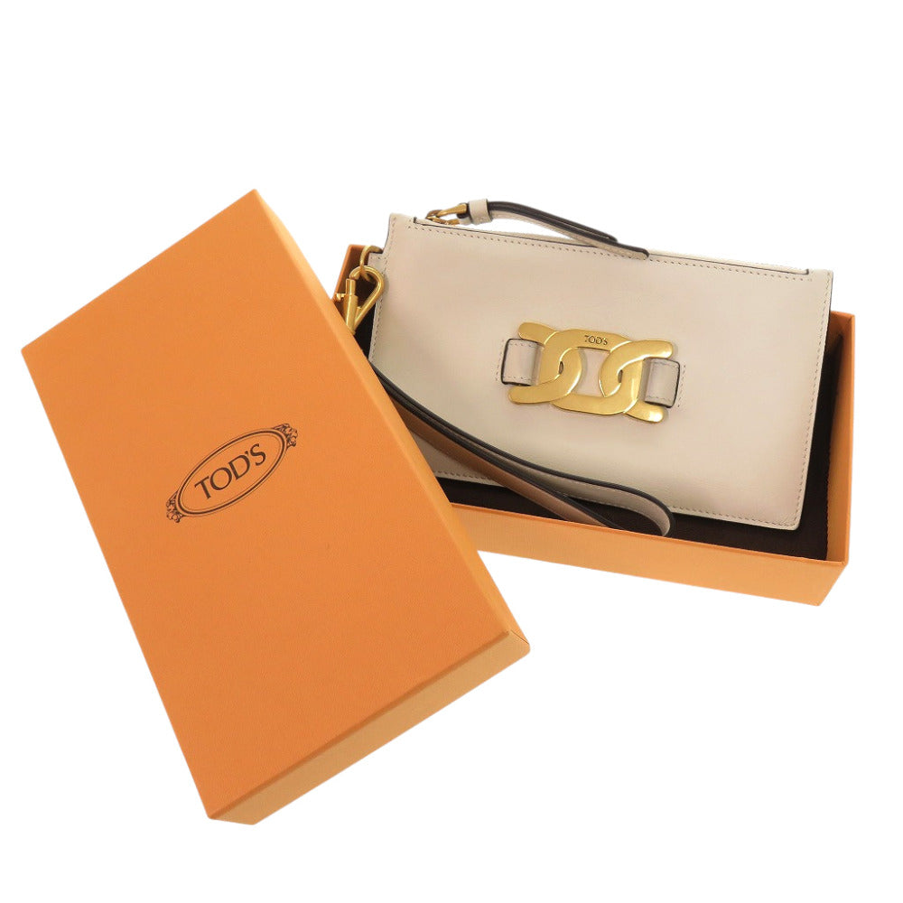 新品同様 トッズ チェーンモチーフ フラットポーチ レザー メタル アイボリー ポーチ 0156【中古】TOD’S