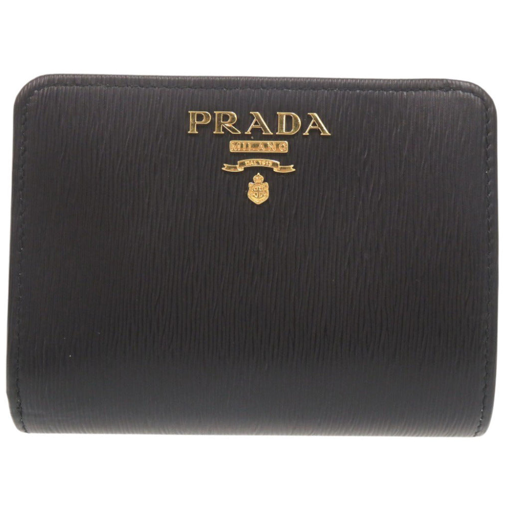 美品 プラダ ロゴ ヴィッテロムーブ レザー ブラック 二つ折り財布 黒 0198【中古】PRADA