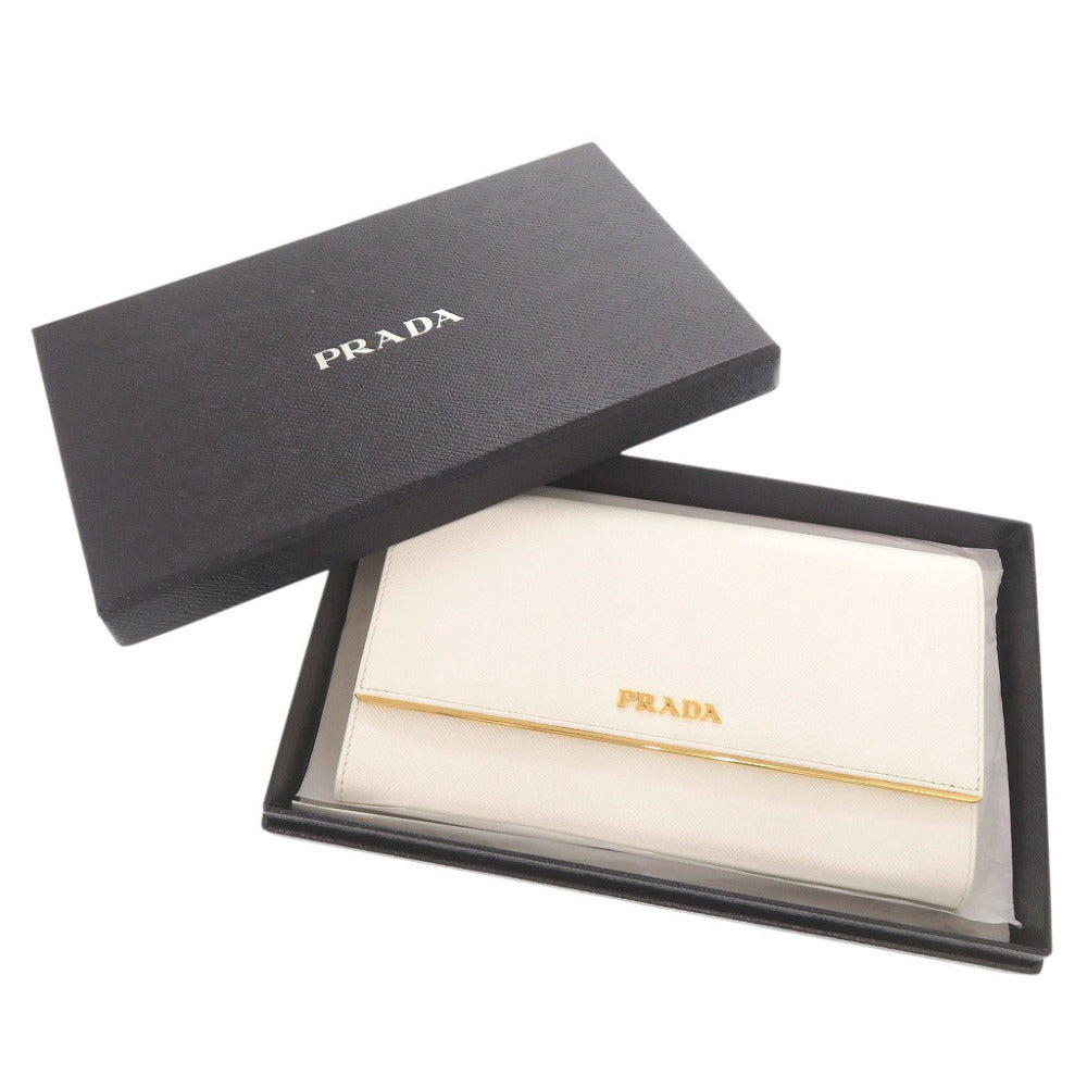 新品同様 プラダ サフィアーノレザー 1MH311 ホワイト 長財布 コンパクトクラッチバッグ 白 0199【中古】PRADA