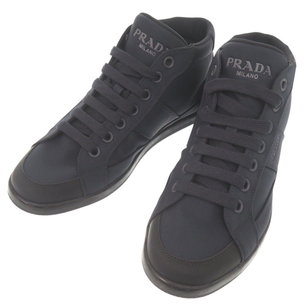 美品 プラダ ロゴ ナイロン ラバー サイズ6 1/2 ネイビー ハイカット スニーカー 0231【中古】PRADA メンズ