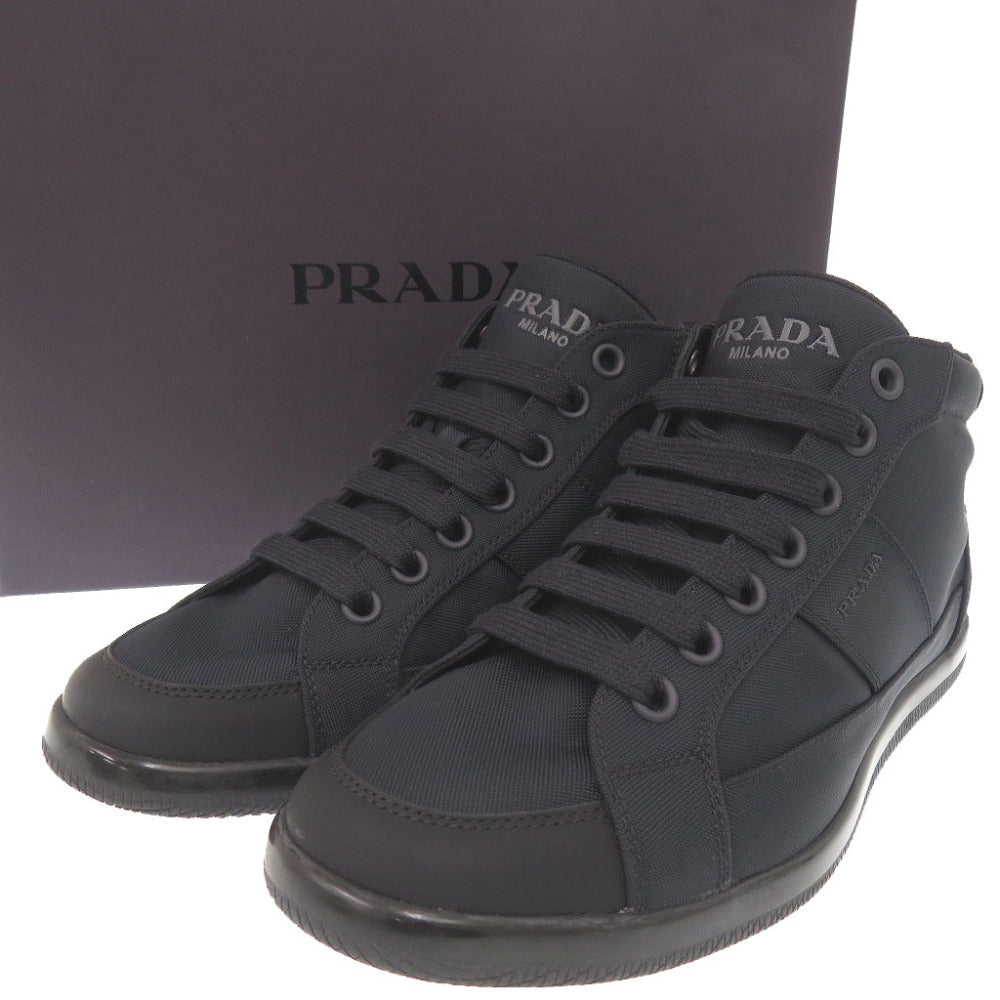 美品 プラダ ロゴ ナイロン ラバー サイズ6 1/2 ネイビー ハイカット スニーカー 0231【中古】PRADA メンズ