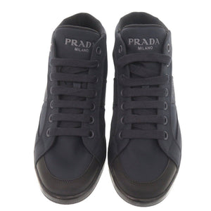 美品 プラダ ロゴ ナイロン ラバー サイズ6 1/2 ネイビー ハイカット スニーカー 0231【中古】PRADA メンズ