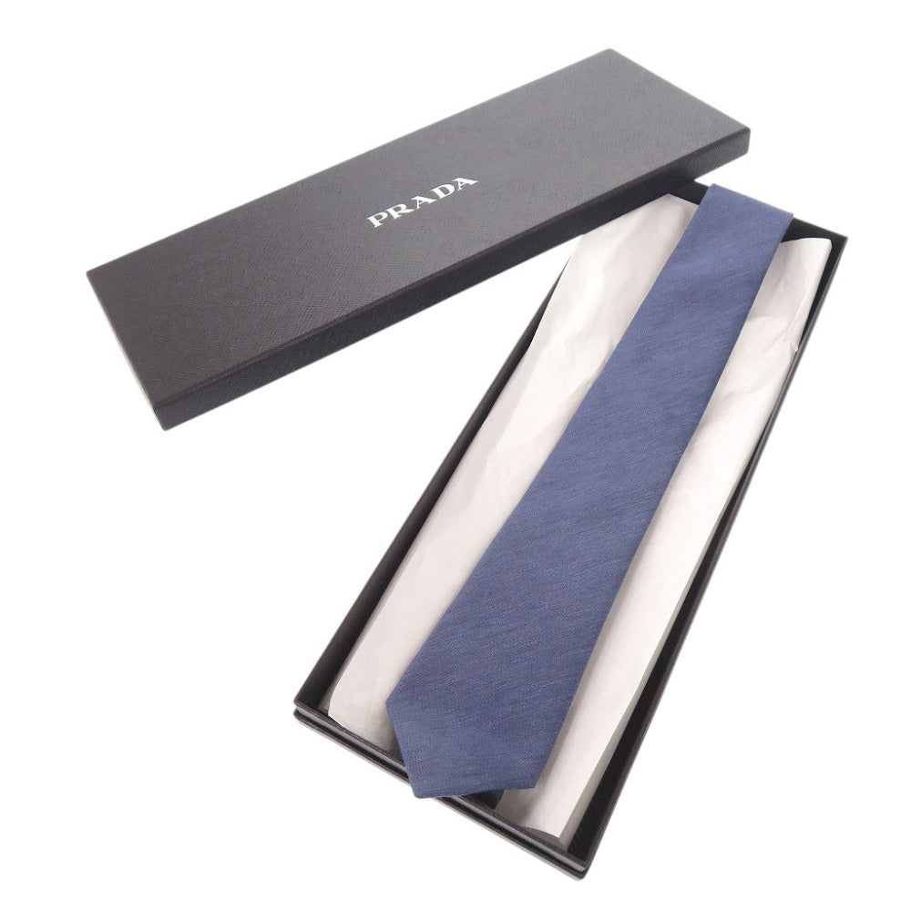 プラダ ロゴ リネン シルク ブルー ネクタイ 0247【中古】PRADA メンズ