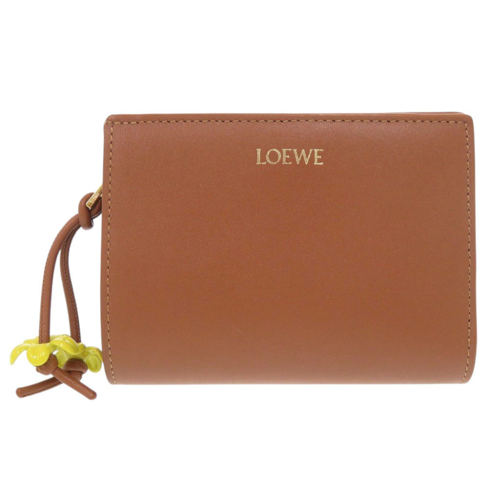 新品同様 ロエベ デイジー ノット コンパクトウォレット レザー ブラウン 二つ折り財布 茶 0278【中古】LOEWE