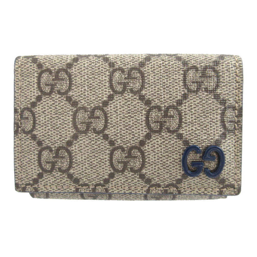 美品 グッチ 768251 GGスプリーム レザー ベージュ ブルー 青 コンパクトウォレット 3つ折り財布 財布 0406【中古】GUCCI