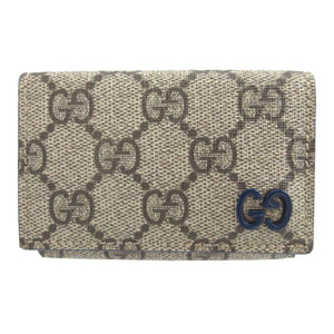 美品 グッチ 768251 GGスプリーム レザー ベージュ ブルー 青 コンパクトウォレット 3つ折り財布 財布 0406【中古】GUCCI