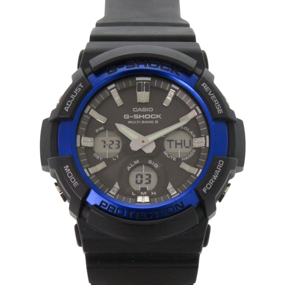 美品 カシオ G-SHOCK GAW-100B-1A2JF 樹脂 アルミ ブラック ブルー タフソーラー 腕時計 黒 Gショック 0579【中古】CASIO