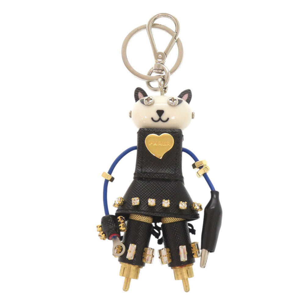 美品 プラダ キャット ロボット サフィアーノレザー メタル ブラック ホワイト キーホルダー チャーム 0905【中古】PRADA