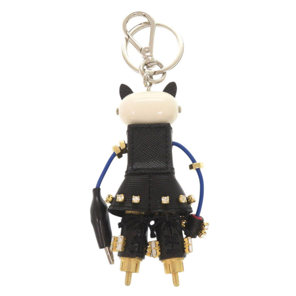 美品 プラダ キャット ロボット サフィアーノレザー メタル ブラック ホワイト キーホルダー チャーム 0905【中古】PRADA