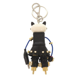 美品 プラダ キャット ロボット サフィアーノレザー メタル ブラック ホワイト キーホルダー チャーム 0905【中古】PRADA