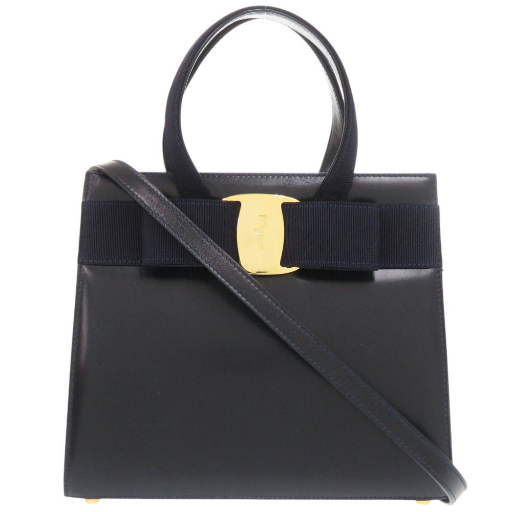 美品 サルヴァトーレフェラガモ ヴァラリボン BA214178 2WAY レザー ネイビー ハンドバッグ 1331【中古】Salvatore Ferragamo