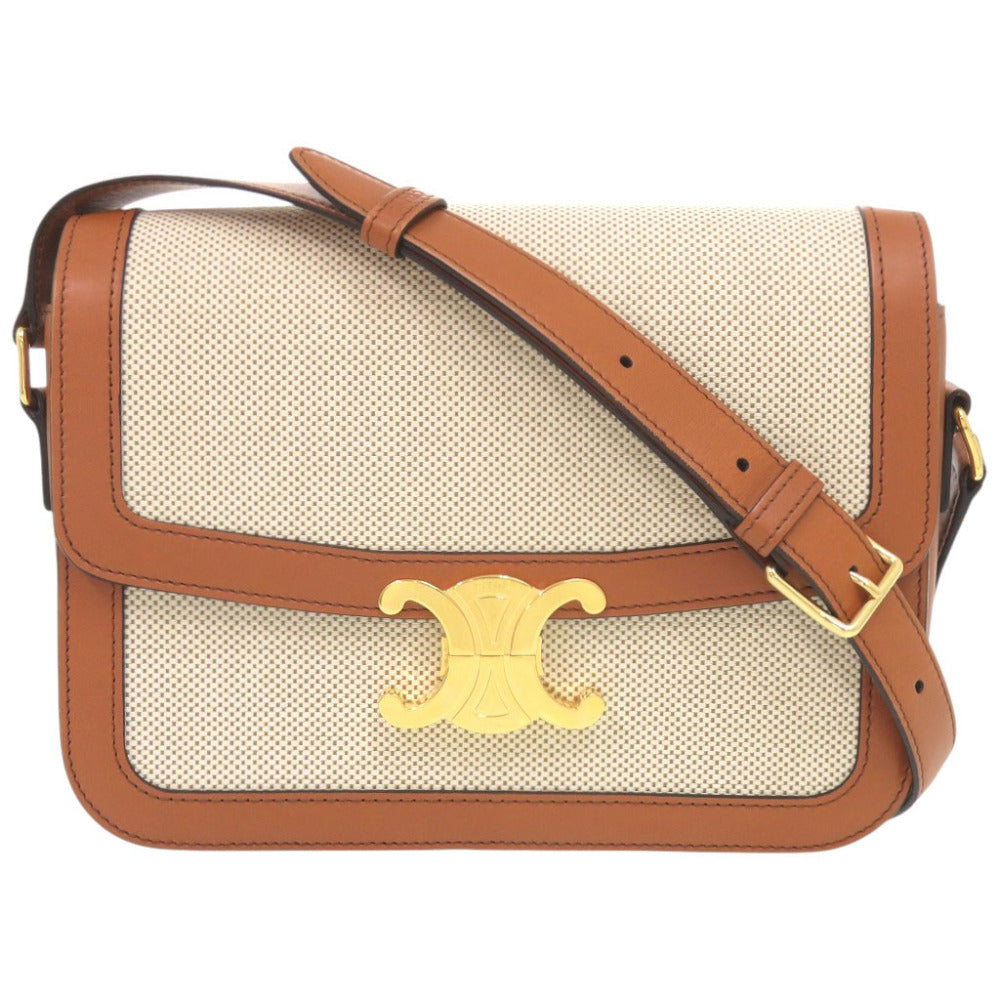 美品 セリーヌ クラシック トリオンフ カーフスキン テキスタイル ナチュラル タン ショルダーバッグ 1385【中古】CELINE