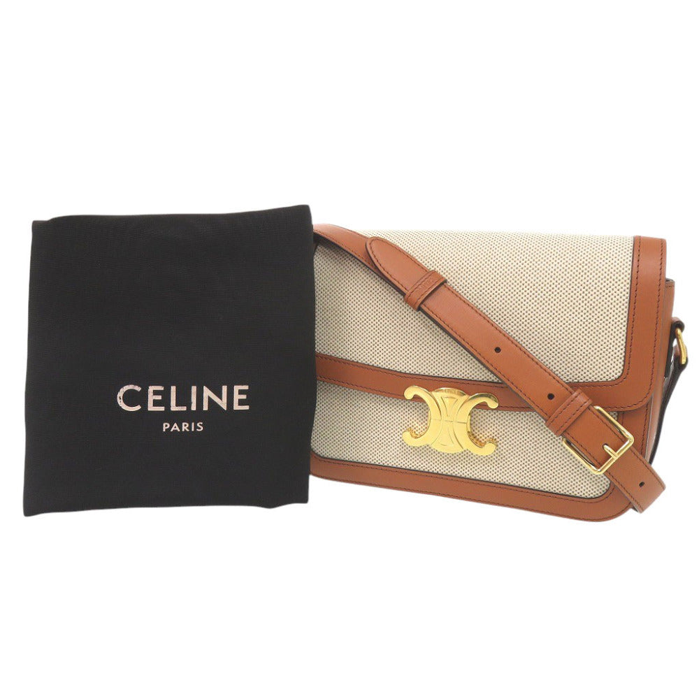 美品 セリーヌ クラシック トリオンフ カーフスキン テキスタイル ナチュラル タン ショルダーバッグ 1385【中古】CELINE
