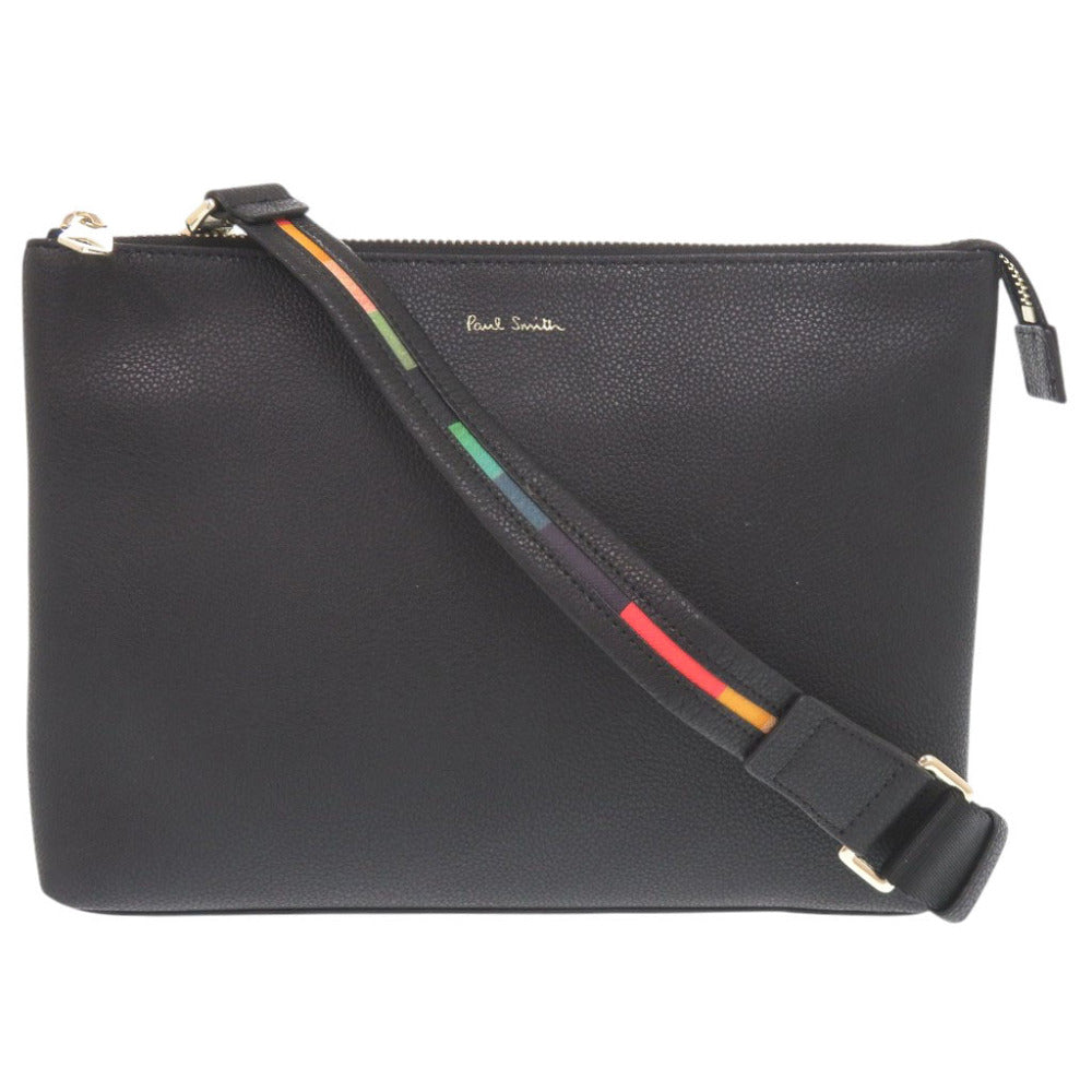 美品 ポールスミス インレイドストライプ レザー ブラック 2WAY ショルダーバッグ 黒 1414【中古】Paul Smith