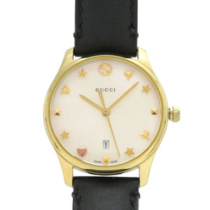 美品 グッチ 126.5 SS レザー ホワイトシェル ブラック クオーツ 腕時計 白文字盤 1584【中古】GUCCI