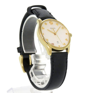 美品 グッチ 126.5 SS レザー ホワイトシェル ブラック クオーツ 腕時計 白文字盤 1584【中古】GUCCI