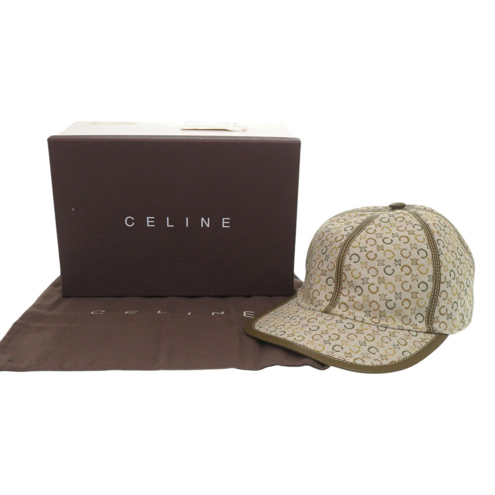 未使用 セリーヌ ベースボールキャップ トリオンフ ヴィンテージ キャンバス レザー ベージュ 帽子 1682【中古】CELINE