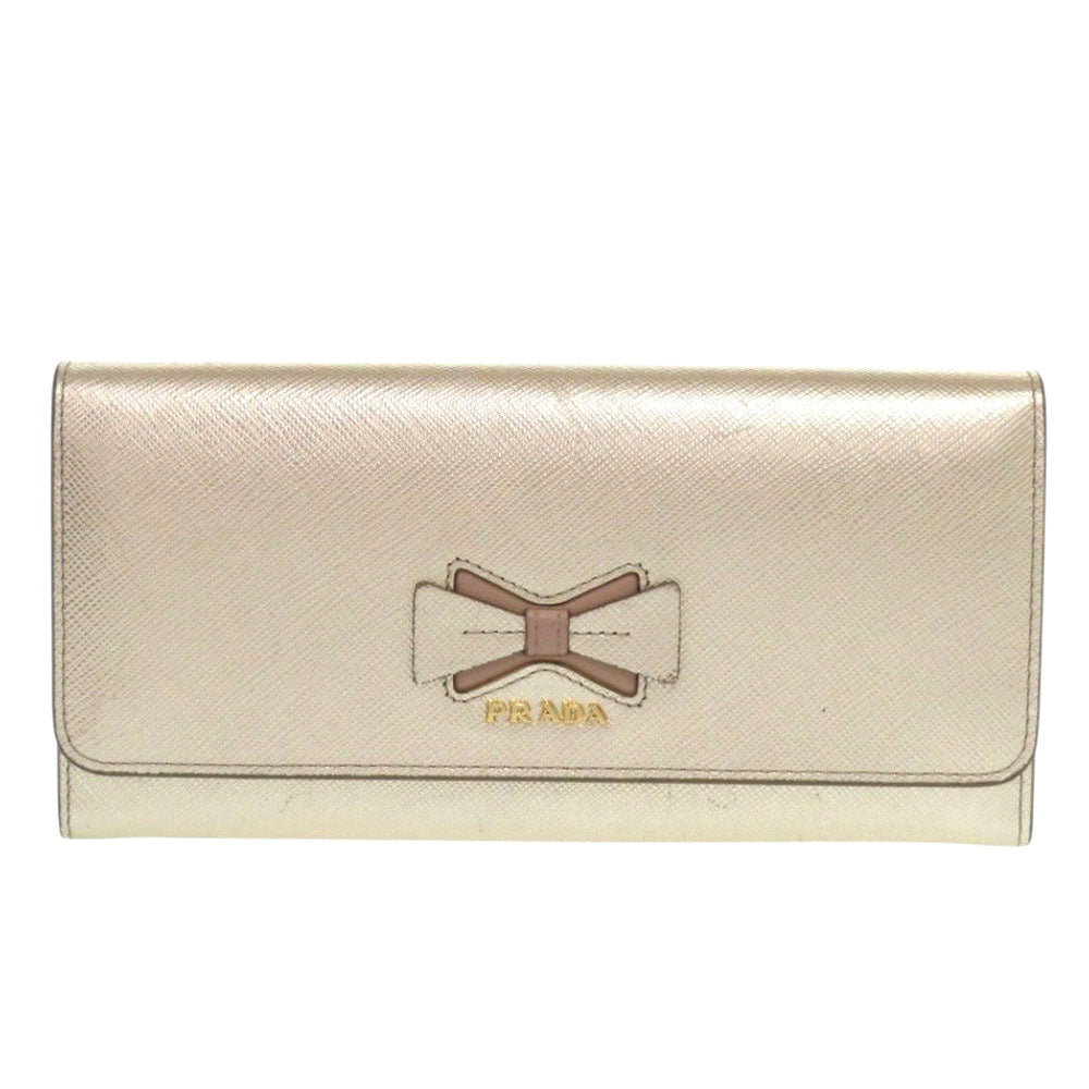 新品同様 プラダ 1MH132 リボン サフィアーノ フィオッコ レザー ゴールド 長財布 0073【中古】PRADA