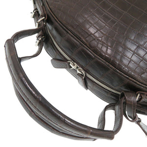 美品 マットクロコ ブラウン シルバー金具 ハンドバッグ ボストンバッグ 茶 0165【中古】