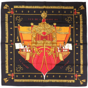 美品 エルメス カレ90 クイーンの戴冠式 VUE DU CARROSSE DE LA GALERE LA REALE シルク ブラック スカーフ 黒 0340【中古】HERMES
