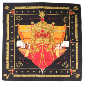 美品 エルメス カレ90 クイーンの戴冠式 VUE DU CARROSSE DE LA GALERE LA REALE シルク ブラック スカーフ 黒 0340【中古】HERMES