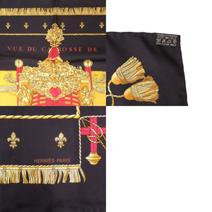 美品 エルメス カレ90 クイーンの戴冠式 VUE DU CARROSSE DE LA GALERE LA REALE シルク ブラック スカーフ 黒 0340【中古】HERMES