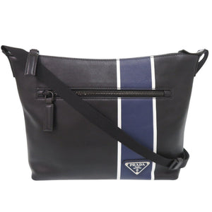 美品 プラダ トライアングルロゴ 2VH078 レザー ブラック ブルー ショルダーバッグ 黒 548【中古】PRADA
