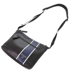 美品 プラダ トライアングルロゴ 2VH078 レザー ブラック ブルー ショルダーバッグ 黒 548【中古】PRADA