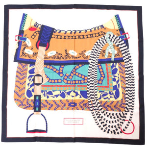 エルメス カレ90 SILLA DE GAUCHO ガウチョの鞍 シルク ホワイト マルチカラー スカーフ 白 0587【中古】HERMES