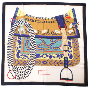 エルメス カレ90 SILLA DE GAUCHO ガウチョの鞍 シルク ホワイト マルチカラー スカーフ 白 0587【中古】HERMES