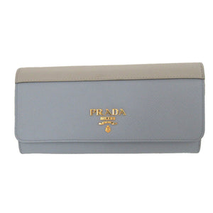新品同様 プラダ 1MH132 サフィアーノレザー ブルー 青 グレー 2つ折り長財布 財布 1055【中古】PRADA