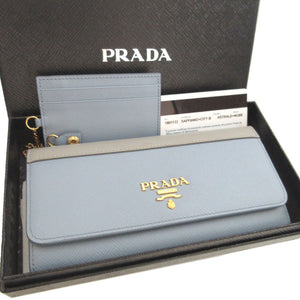 新品同様 プラダ 1MH132 サフィアーノレザー ブルー 青 グレー 2つ折り長財布 財布 1055【中古】PRADA
