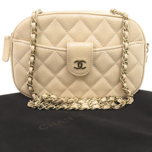 美品 シャネル ココマーク マトラッセ キャビアスキン ゴールド金具 ランダムシリアル ベージュ チェーン ショルダーバッグ 1526【中古】CHANEL