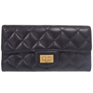 美品 シャネル 2.55 ロングフラップウォレット レザー ゴールド金具 23番台 ネイビー 長財布 0091【中古】CHANEL